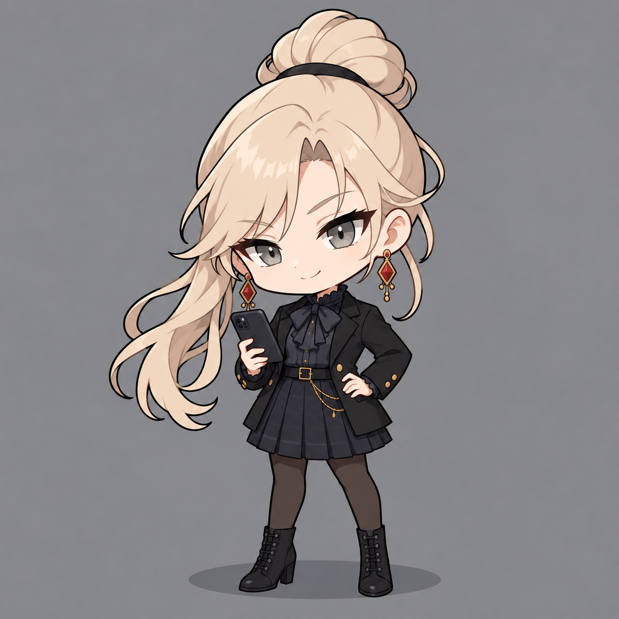 Simple chibi of Sherie with a pale-blonde bun, red earrings, dark bow blouse and skirt, ankle boots and a phone.