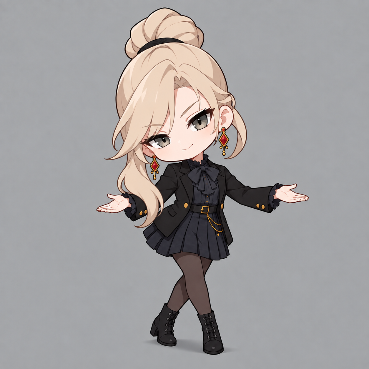Sherie smiling through a playful curtsy, palms open, in her black jacket, pleated skirt, dark tights and heeled ankle boots.