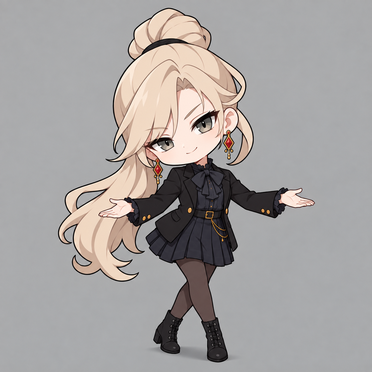 Sherie smiling through a playful curtsy, palms open, in her black jacket, pleated skirt, dark tights and heeled ankle boots.