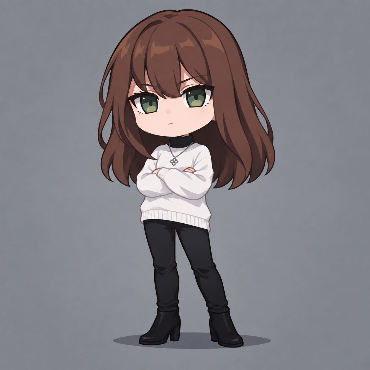Simple chibi of green-eyed Yulia with long chestnut hair, folded arms, a white sweater over a black high neck, and her silver pendant.
