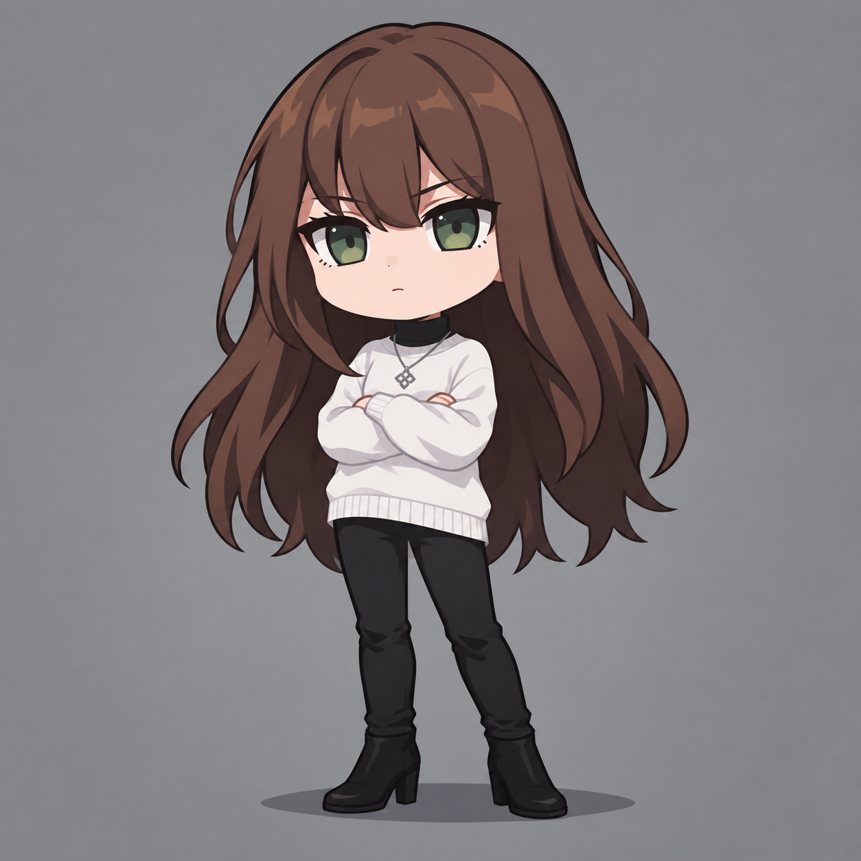 Simple chibi of green-eyed Yulia with long chestnut hair, folded arms, a white sweater over a black high neck, and her silver pendant.
