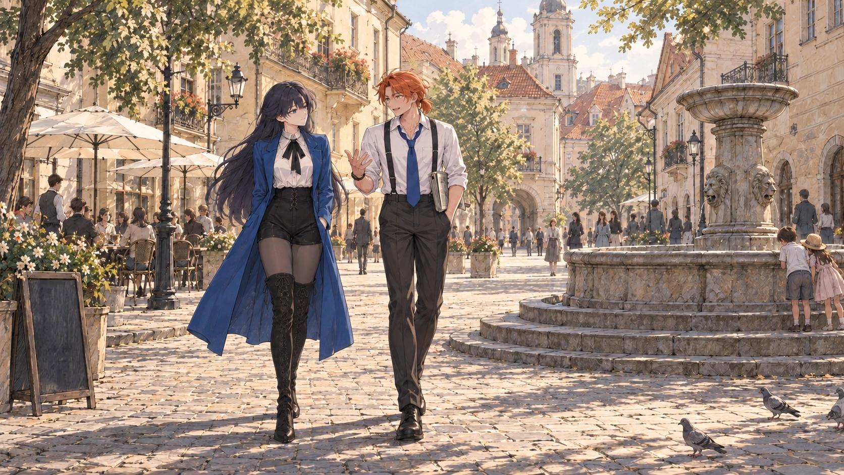 Lynleit and Felix walk through a lively old-town square beside a fountain.